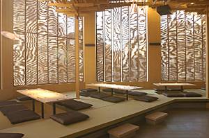 Tatami tables at Sake No Hana, a cathedral for sake worship