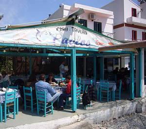 On the waterside at Pavlos Fish Taverna in Agnondas bay.