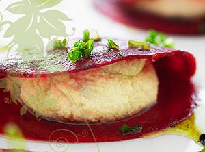 Beetroot raviloli with cashew nut milk ricotta at Saf London